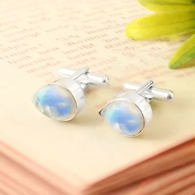 925 Sterling Silver Natural Rainbow Moonstone Gemstone Jewelry Cufflinks Foto 1 de 3