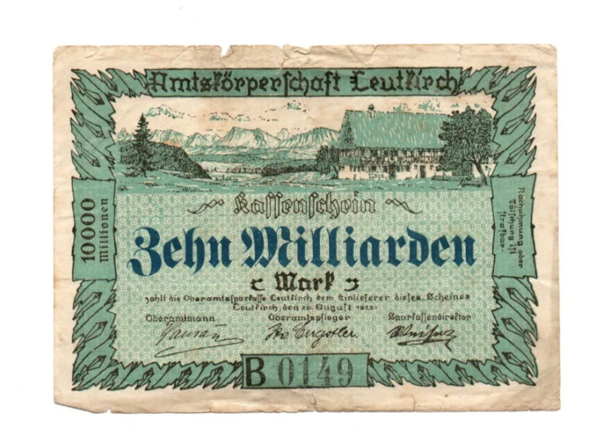 10 000 000 000 MARK VG  EMERGENCY BANKNOTE FROM  GERMANY/LEUTKIRCH 1923 - Image 1 of 2