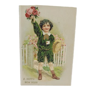 Happy New Year Young Victorian Boy Holding Flowers 1910s Postcard Used Cut - Picture 1 of 4