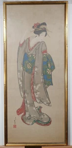 19th C. Geisha Hand Signed Framed Japanese Ink Watercolor Painting on Paper - Picture 1 of 7