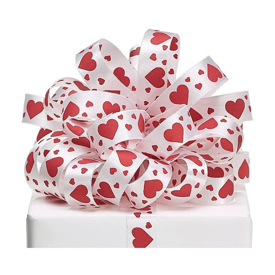 7/8" Width Red Hearts On White Satin Ribbon - 20 Yards (Not Wired) - Image 1 of 1