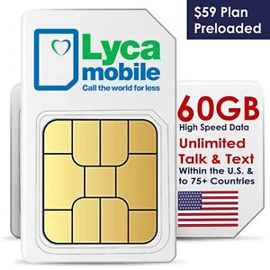Lycamobile $59 Plan SIM Unlimited Talk/Text/Data to 75+ Countries - 60GB 4G/5G