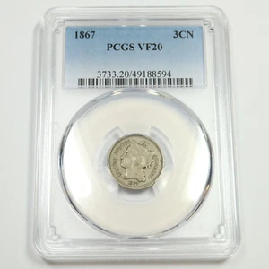 1867 PCGS VF20 - Three Cent Nickel - 3c US Coin #50102A - Picture 1 of 2