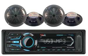 Bluetooth SD USB iPod AM FM Marine Boss Radio & 4 Black 5.25" 100W Boat Speakers - Picture 1 of 2
