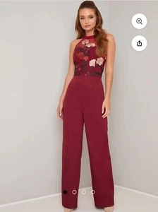 NWT Chi Chi London Jannie Jumpsuit Burgandy Embroidered Floral Mesh Halter Sz 4 - Picture 1 of 16