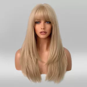 Women Blonde Synthetic Hair Dress Up Wigs With Bangs Long Straight - Picture 1 of 8