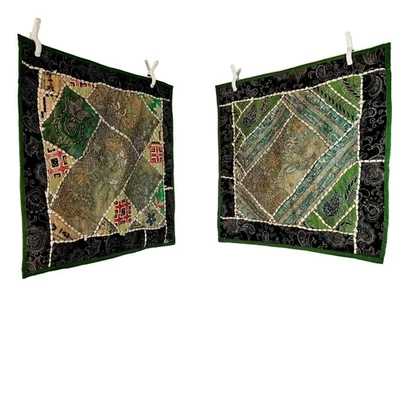 Boho Sari Patchwork Beaded Fabric Panels 26” Sq Velvet Trim Green Multi Repurpos - Image 1 of 4
