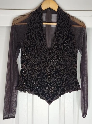 Top formal de malla de terciopelo con cuentas marrón oscuro Tadashi vintage talla grande cóctel  Foto 1 de 4