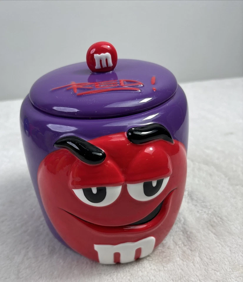 Tarro de galletas/dulces de cerámica vintage Galerie M&M's 2003 púrpura y rojo marte Foto 1 de 4