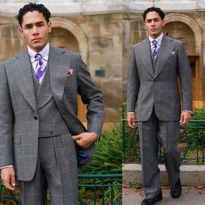 Business Check Mens Suits Slim Fit Notch Lapel Outwear Work Casual Houndstooth - Picture 1 of 13