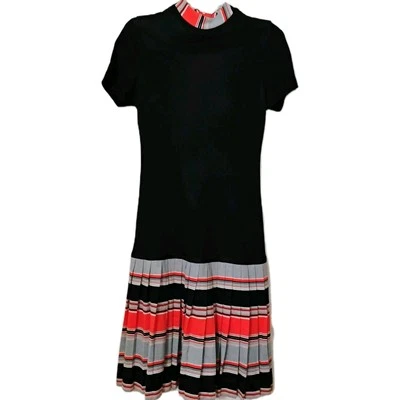 Vestido Mod Vintage Años 60 Cintura Caída Plisada Falda Naranja+ Negro Hecho a Mano Pequeño Foto 1 de 4