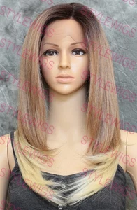 Light Blonde Ombre Long Straight Heat OK Lace Top Human Hair Blend Wig EVEK - Picture 1 of 7