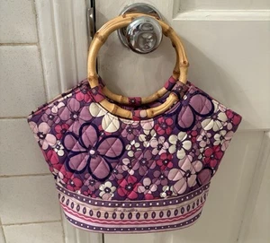 VERA BRADLEY Rare Petal Power Purple Bamboo Handles Tote Purse Satchel Retired - Picture 1 of 4