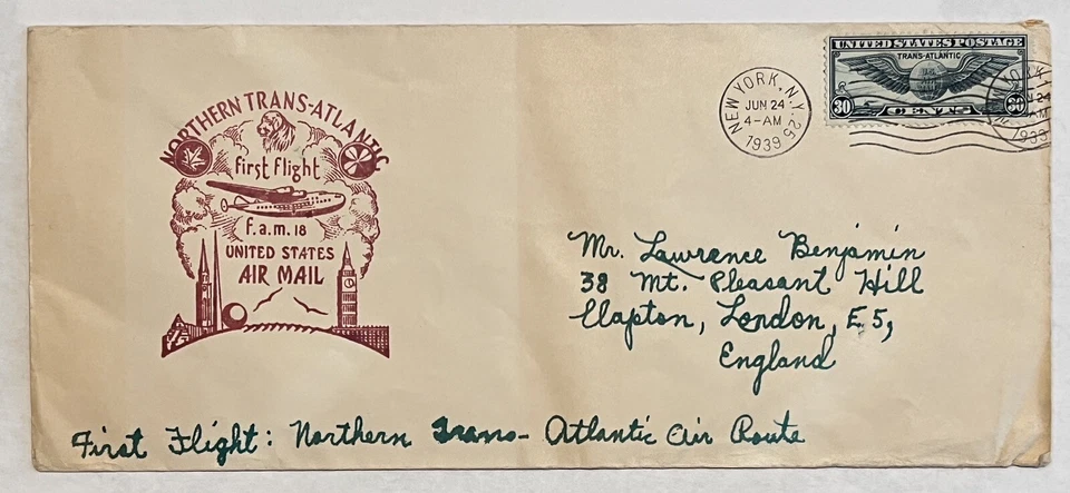 1939 NORTHERN TRANS-ATLANTIC FIRST FLIGHT F.A.M. 18 COVER SENT TO LONDON ENGLAND - Image 1 of 2