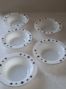 5 JAJ Pyrex Rimmed Bowls Gaiety Snowflake 1960s Milk Glass Goldtone Trim - Picture 1 of 9