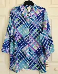 ALFRED DUNNER TOP DONNA RETICOLO PLAID BOTTONI COLLETTO MANICA 3/4 157 - Foto 1 di 5