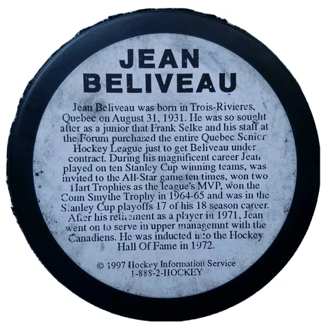sticker logos! RARE JEAN BELIVEAU HOF OFFICIAL STATS HOCKEY PUCK INGLASCO CANADA Cover