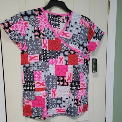  Scrub Shirt Short Sleeve Medical Uniform Size XS Breast Cancer Awareness  - Image 1 of 4