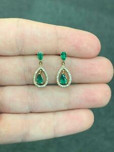2.30 Ct Pear Cut Simulated Green Emerald Drop Earrings In 14k Yellow Gold Plated