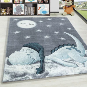Kurzflor Kinderteppich Dino Wolke Kinderzimmer Babyzimmer Teppich Soft Grau Blau - Bild 1 von 7