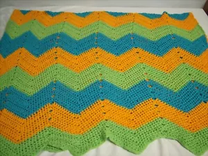 Hand Crocketed Afghan Blue,Green,Orange Zig Zag Pattern 68"x43" Grannymade - Picture 1 of 3