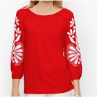 Talbots Embroidered Sleeve Blouse 3/4 Sleeve Cotton Blend Red White Size 2X