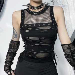 Ladies Party Gothic Sexy Fishnet See Through Ripped Top Shirts Lace-up Cami Vest - Picture 1 of 13