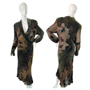Kevin O'Brien Studio Silk Velvet Cherub Burnout V-Neck Dress Green & Brown O/S - Picture 1 of 13
