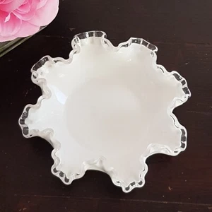 1950s Fenton Silver Crest Milk Glass Candy Dish with Clear Ruffled Rim - Picture 1 of 11