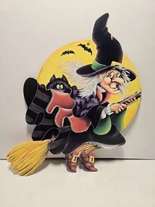 Vintage Witch Riding Broom 2 Sided Die Cut Halloween Decoration Beistle 1983 16" - Picture 1 of 3