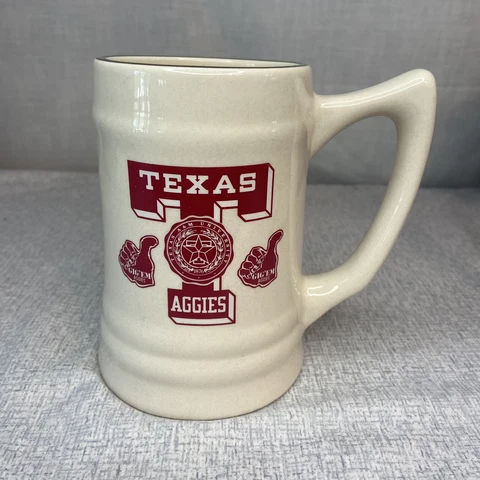 Vtg Texas A&M University Aggies 5.25” Stein Beer Mug Ceramic Logo Gold Trim Cover