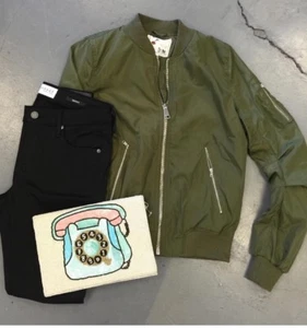 Bomber Jacket Womans Olive Green Polish Nickel Hardware Zip Up Size Medium BNWT - Picture 1 of 9