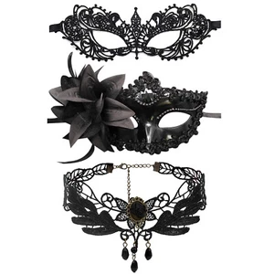 3Pcs Women Sexy Black Lace Eye Face Mask & Choker Masquerade Costume Party Prom - Picture 1 of 15