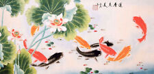 ORIENTAL ASIAN FINE ART CHINESE ANIMAL WATERCOLOR PAINTING-Lotus flower&Koi fish