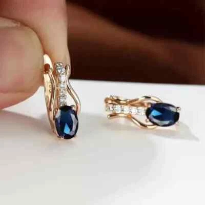 Lab Created London 蓝色黄玉 2 克拉椭圆形切割环状耳环 14K 镀黄金 — 第 1/4 张图片