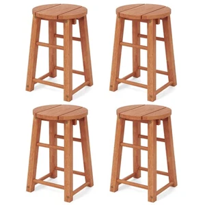 Outdoor Wood Bar Stools Set of 4 w/Round Seat Footrest Patio Backless Barstools - Picture 1 of 9