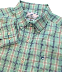 Southern Tide Men's LARGE Aqua Green & Blue Plaid Performance Shirt Button-Down - Picture 1 of 7