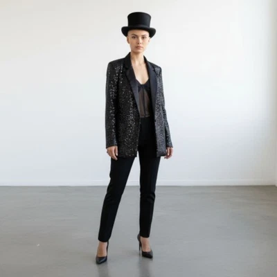 Blazer Vintage Y2K Negro Lentejuelas Terciopelo Brillante Fiesta Vacaciones Talla XL Foto 1 de 4