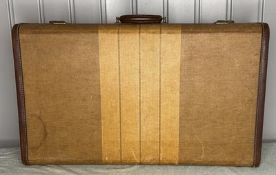 Vintage Striped Tweed Fabric Suitcase Leather Trim about 26x16 inches NO KEY - Image 1 of 4