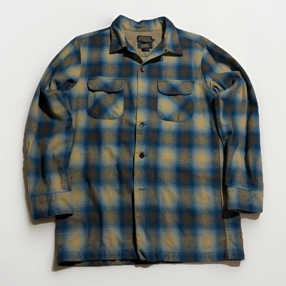 Pendleton Board Shirt M Lined Wool Plaid Blue Tan Spray Fade USA Fabric - Read - Image 1 of 4