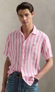 NWT Polo Ralph Lauren Pink & White STRIPED LINEN Short Sleeve Camp Shirt - Picture 1 of 8