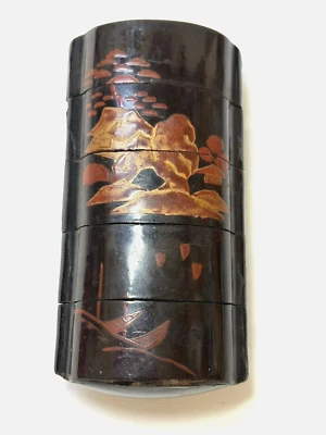 Estuche de madera 5 niveles INRO 3,3 pulgadas lacado Maki-e japonés antiguo Ojime Netsuke Foto 1 de 4