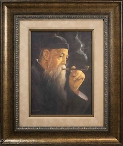 Beautiful Vintage Oil Painting of Chinese Portrait Smoking Pipe Signed Chan! - Picture 1 of 8