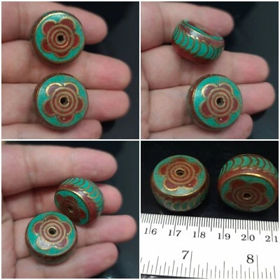 Nepalí Tibetano Hecho a Mano 2 Enormes Cuentas de Latón Turquesa Coral Incrustación Tíbet Nepal Foto 1 de 4