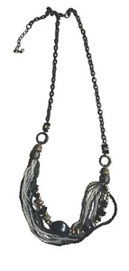 Necklace Gray Black Silver Chunky Bead Round Chain 10" Multi Strand - Picture 1 of 4