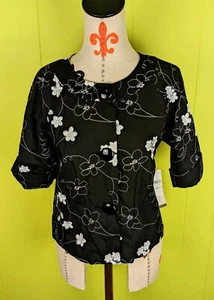 NWT $119 Josephine Chaus Womens Petite 6P Black White Embroidered Floral Blazer - Picture 1 of 12