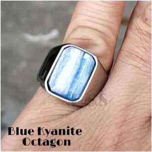 NATURAL BLUE SAPPHIRE KYANITE MINIMALIST OCTAGON TITANIUM SILVER GEMSTONE RING - Picture 1 of 5
