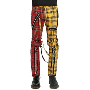 Puritues Gothic Men's Split Leg Bondage Straps Punk Yellow Red Plaid Pants - Picture 1 of 4