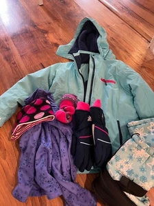 girls ski jacket size 8 snow boots size 3 base layer smart wool hat ski gloves a - Picture 1 of 5
