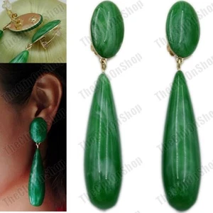3.5"long CLIP ON vintage style GREEN lucite DROP EARRINGS teardrop RETRO 60s